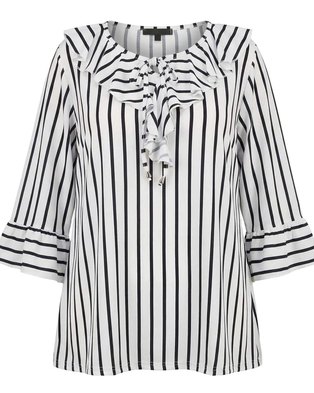 Официална бяла туника на тъмносиньо вертикално райе с набрано деколте и 7/8 ръкави. Преден изглед на бял фон.