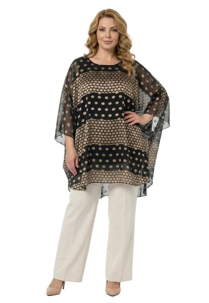 Официална черна макси туника тип пончо с шифон на златисти точки отпред, снимана в цял ръст на бял фон.