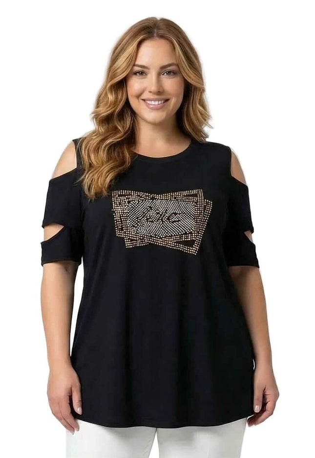 Елегантна черна макси туника с ефектно отворени рамене и бляскава апликация от камъчета. Изглед отпред върху модел на бял фон.