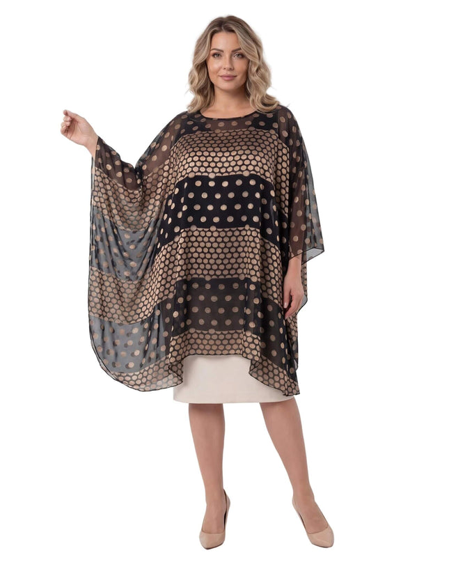 Официална черна макси туника тип пончо с шифон на златисти точки, цял ръст на бял фон.