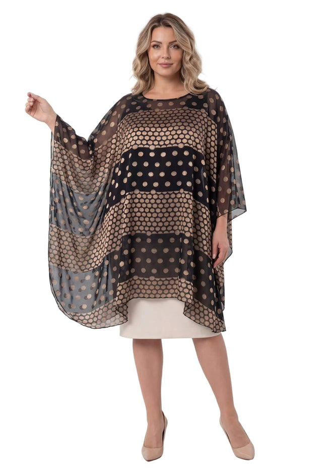 Официална черна макси туника тип пончо с шифон на златисти точки, цял ръст на бял фон.