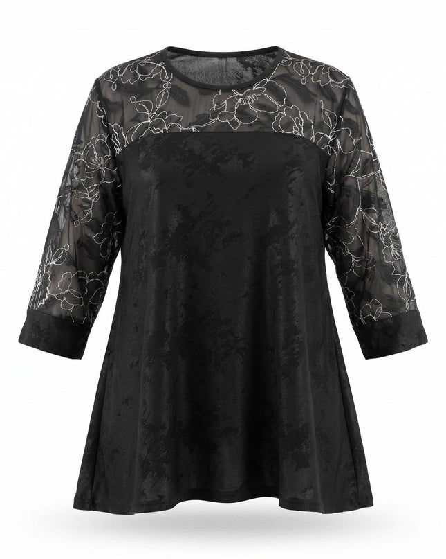 Официална черна туника големи размери с изящна флорална бродерия и прозрачни ръкави, представена на бял фон.
