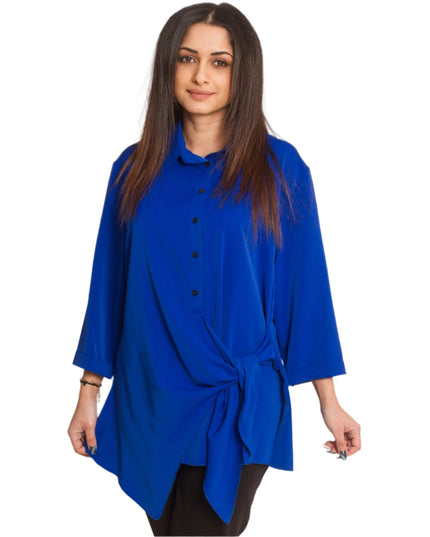 Официална дамска ризка в кралскосин цвят с асиметрична кройка - Maxi Market