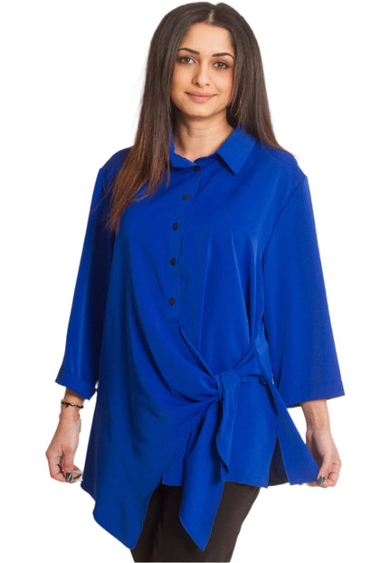 Официална дамска ризка в кралскосин цвят с асиметрична кройка - Maxi Market