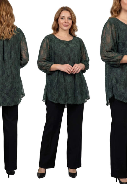 Колаж от три изгледа на официална дантелена туника в масленозелен цвят, показващ кройката отпред, отзад и странично върху модел.