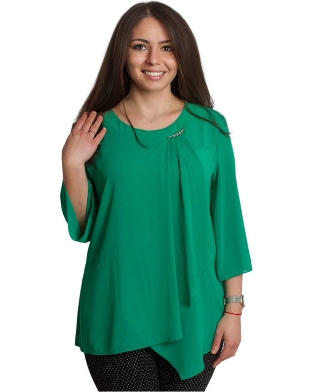 Официална макси шифонена туника с брошка и 3/4 ръкави - Maxi Market