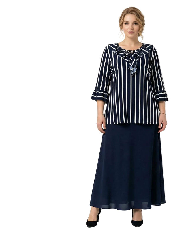 Официална макси туника на вертикално райе с връзки и 7/8 ръкав, представена в цял ръст отпред върху бял фон.