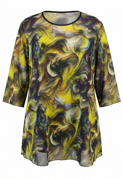 Официална макси туника от две части с ефирен шифон в шарен десен с жълти и лилави мотиви. Кадърът показва туниката отпред на бял фон с 7/8 ръкави.