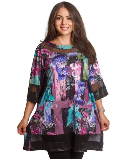 Официална макси туника с флорален принт и кожени акценти - Maxi Market