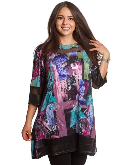 Официална макси туника с флорален принт и кожени акценти - Maxi Market