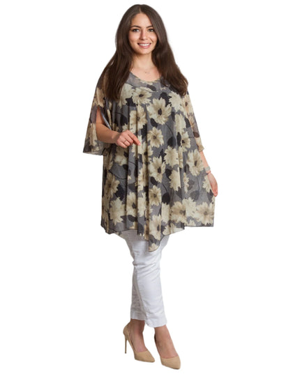 Официална макси туника с кремав флорален десен и шифон - Maxi Market