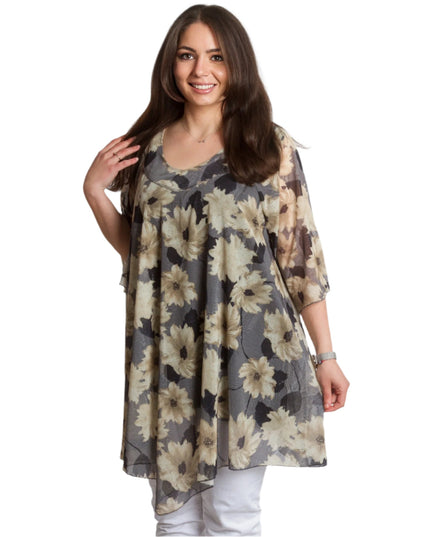 Официална макси туника с кремав флорален десен и шифон - Maxi Market