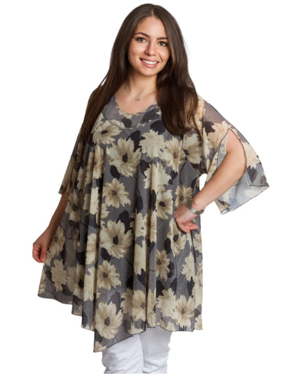 Официална макси туника с кремав флорален десен и шифон - Maxi Market