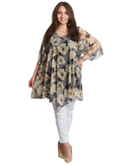 Официална макси туника с кремав флорален десен и шифон - Maxi Market