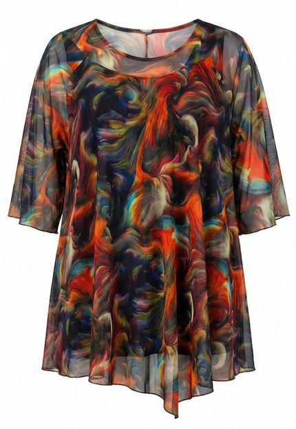 Официална макси туника от шифон с асиметричен дизайн и абстрактен принт в червени и сини тонове, заснета на бял фон.