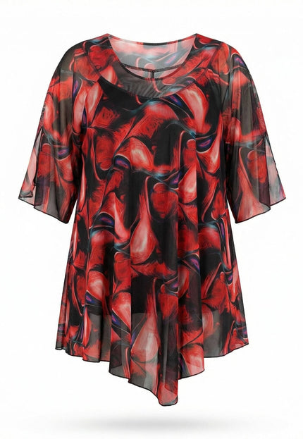 Официална макси туника от ефирен шифон в червени нюанси с асиметричен подгъв и свободни ръкави, заснета фронтално на бял фон.