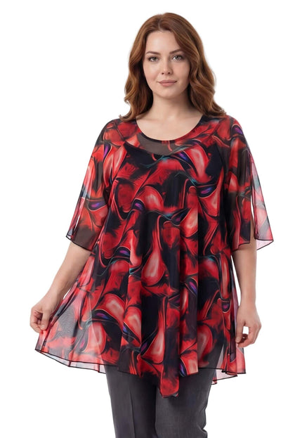 Официална макси туника от цветен шифон с абстрактен принт в червено и черно, асиметрична дължина и цепки на ръкавите, поглед отпред.