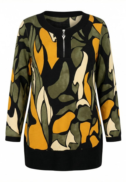 Елегантна макси туника с цип и абстрактен принт в зелено и жълто, с черни кантове на ръкавите и подгъва, заснета на бял фон.