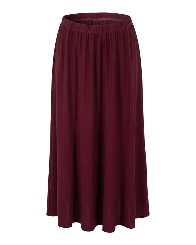 Дамска официална разкроена пола големи размери в цвят бордо с ластична талия, заснета отпред на бял фон.