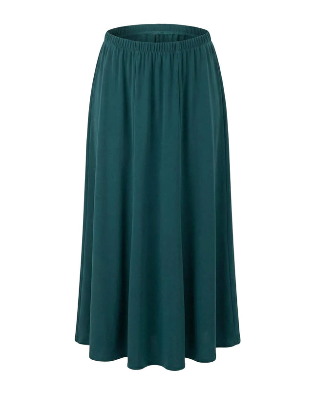 Официална разкроена пола в масленозелено с ластик в талията, големи размери, заснета на бял фон.