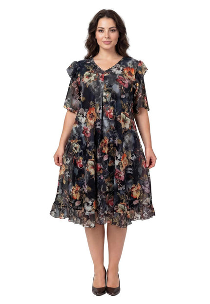 Официална разкроена рокля от шифон с флорален принт и къси ръкави, заснета в цял ръст отпред.