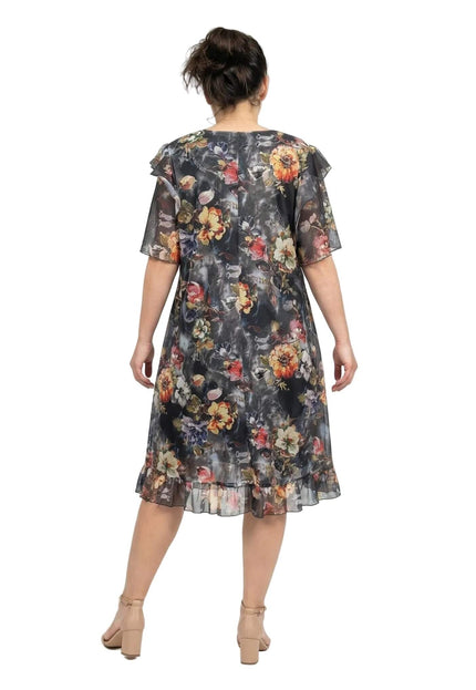 Официална разкроена рокля от шифон на цветя с еластична подплата, заснета отзад в цял ръст на бял фон.