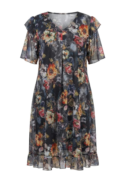 Официална разкроена рокля от шифон на цветя с V-образно деколте и къси ефирни ръкави, заснета в цял ръст на бял фон.