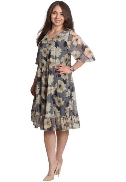 Официална разкроена рокля с ефирен шифон и цветен десен - Maxi Market