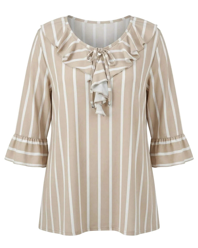 Официална разкроена туника на бежово и бяло райе с ефектни къдри около деколтето и връзки, 7/8 ръкави с волани, заснета отпред на бял фон.