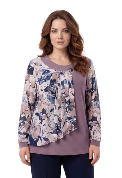 Официална разкроена туника пепел от рози с ефирен флорален елемент и декоративна брошка, заснета отпред.