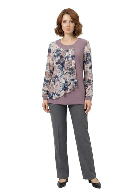 Официална разкроена туника в цвят пепел от рози с флорален шифон и брошка, заснета в цял ръст на бял фон.