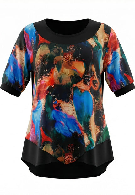 Официална разкроена туника с асиметричен шифон и пъстър принт върху черна основа, заснета отпред на бял фон