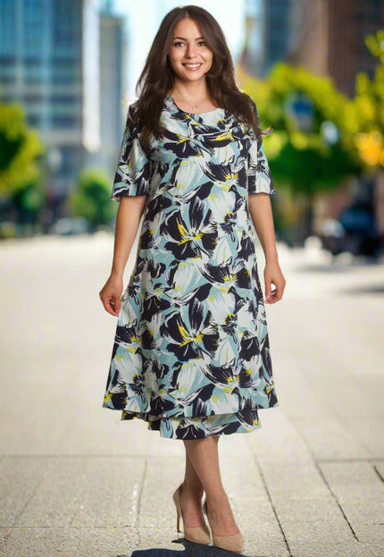 Официална шифонена рокля с цвете и флорален десен - Maxi Market