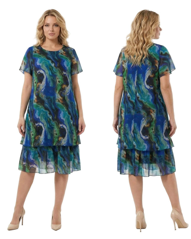 Официална шифонена рокля в преливащи тонове големи размери, показана отпред и отзад на бял фон.