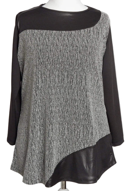 Официална сребриста туника със свободна кройка, черни ръкави и асиметричен дизайн в долната част, представена на манекен за ясна представа.