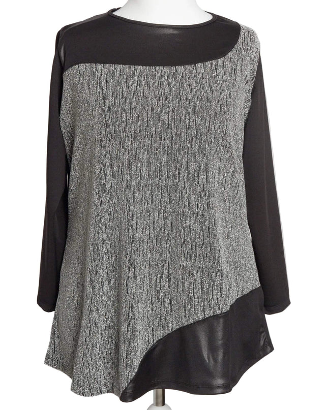 Официална сребриста туника със свободна кройка, черни ръкави и асиметричен дизайн в долната част, представена на манекен за ясна представа.