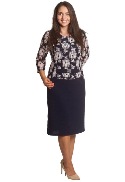 Официална тъмносиня рокля с флорален десен и права кройка - Maxi Market