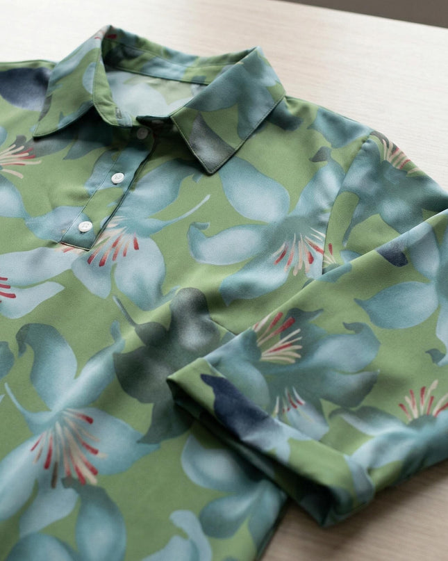 Плосък кадър на официална зелена макси риза на цветя. Детайл отблизо, фокусиран върху яката, пластрона с копчета и красивия флорален принт.