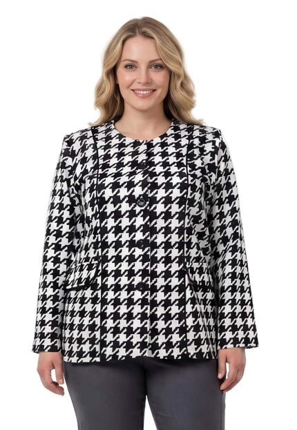 Официално дамско сако пепит в бяло за големи размери с класически черно-бял десен и права кройка, изглед отпред.