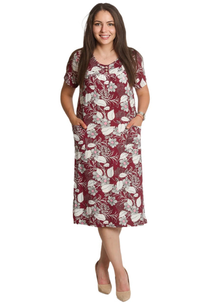 Права рокля с джобчета и цветен десен в бордо - Maxi Market