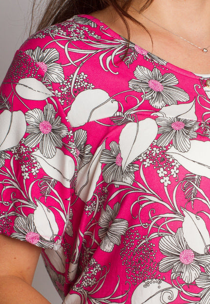 Права рокля с джобчета и цветен десен в розов цвят - Maxi Market