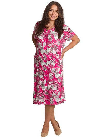 Права рокля с джобчета и цветен десен в розов цвят - Maxi Market