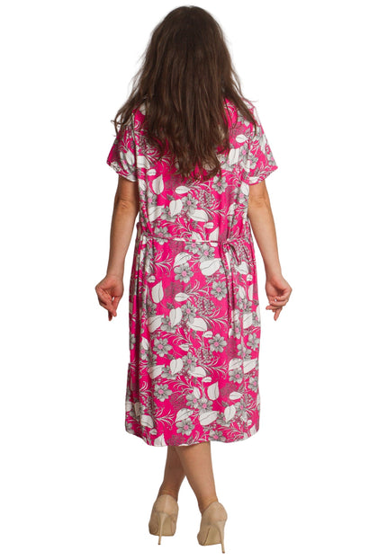 Права рокля с джобчета и цветен десен в розов цвят - Maxi Market