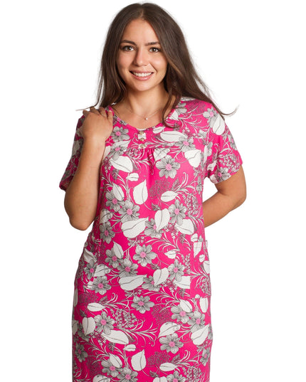 Права рокля с джобчета и цветен десен в розов цвят - Maxi Market