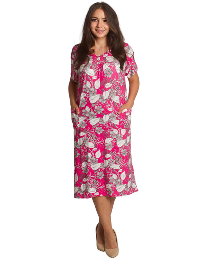 Права рокля с джобчета и цветен десен в розов цвят - Maxi Market