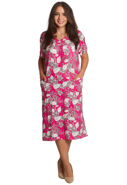 Права рокля с джобчета и цветен десен в розов цвят - Maxi Market