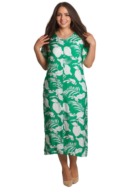 Права зелена рокля на листа с V - деколте в големи размери - Maxi Market