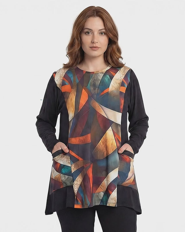 Елегантна макси туника с абстрактен геометричен панел в черно