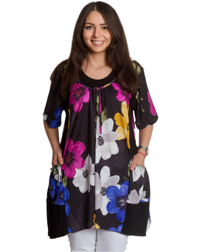 Разкроена макси туника в десен на красиви цветя - 4XL,5XL - Maxi Market