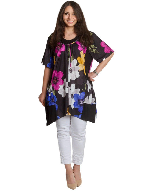 Разкроена макси туника в десен на красиви цветя - 4XL,5XL - Maxi Market